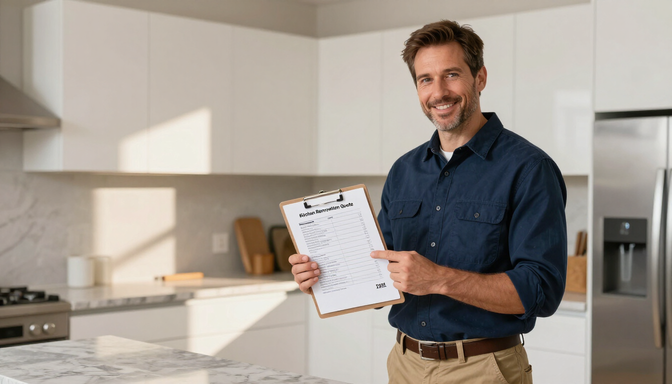 Hombre con una lista de verificación en una cocina moderna y luminosa, sonriendo a la cámara