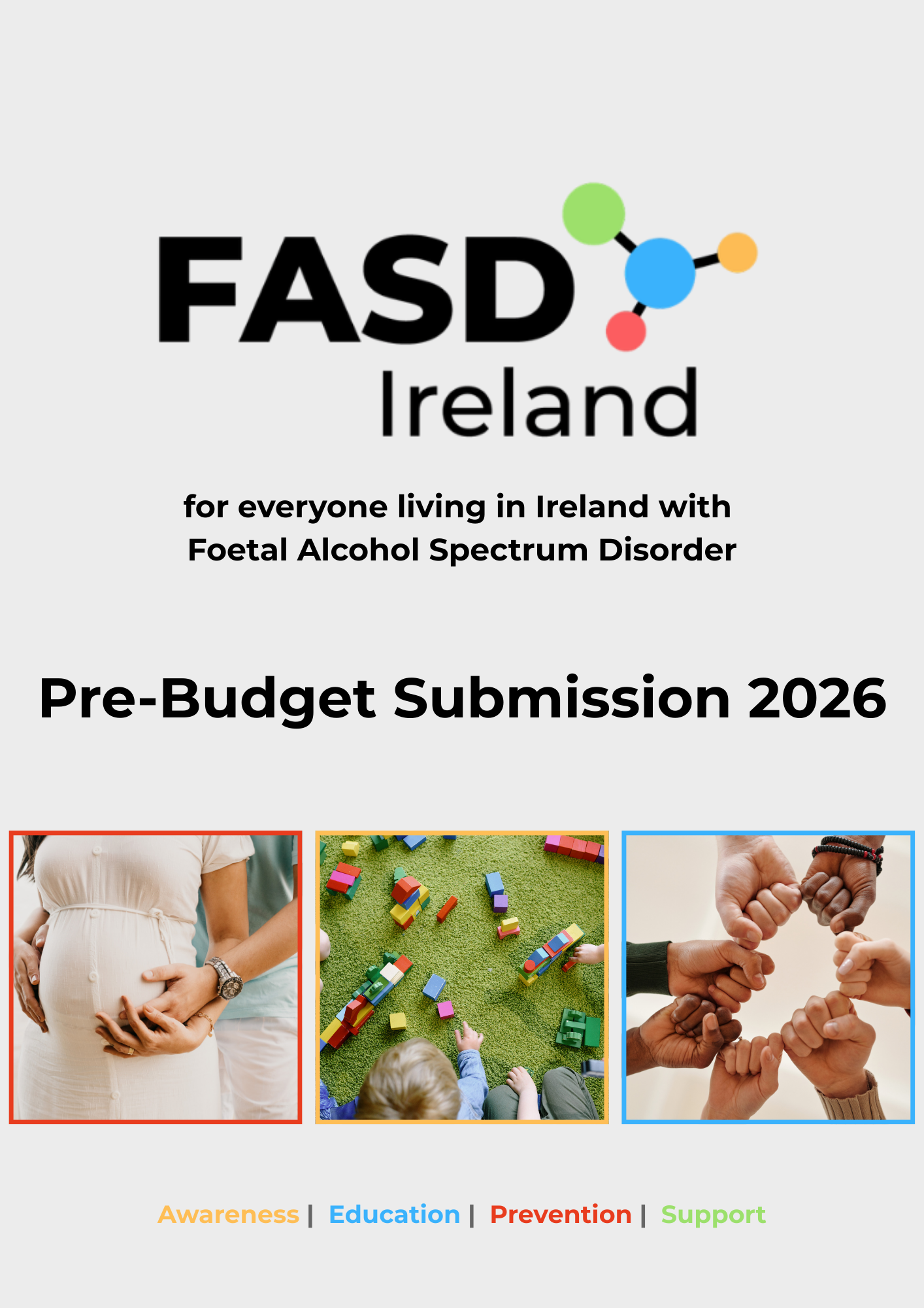 Image contains 3 photographs with the FASD Ireland logo and name along with the wording Pre-Budget Submission 2026. The streamline says Awareness, Education, Prevention and Support
