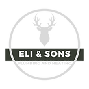 The logo for eli & sons plumbing and heating has a deer head in a circle.
