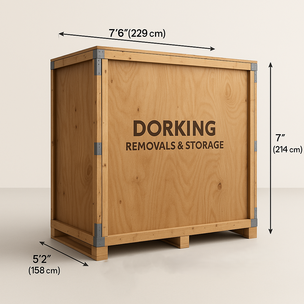 An image with measurements of  a wooden 250 cubic feet storage container as used by Removal Companies