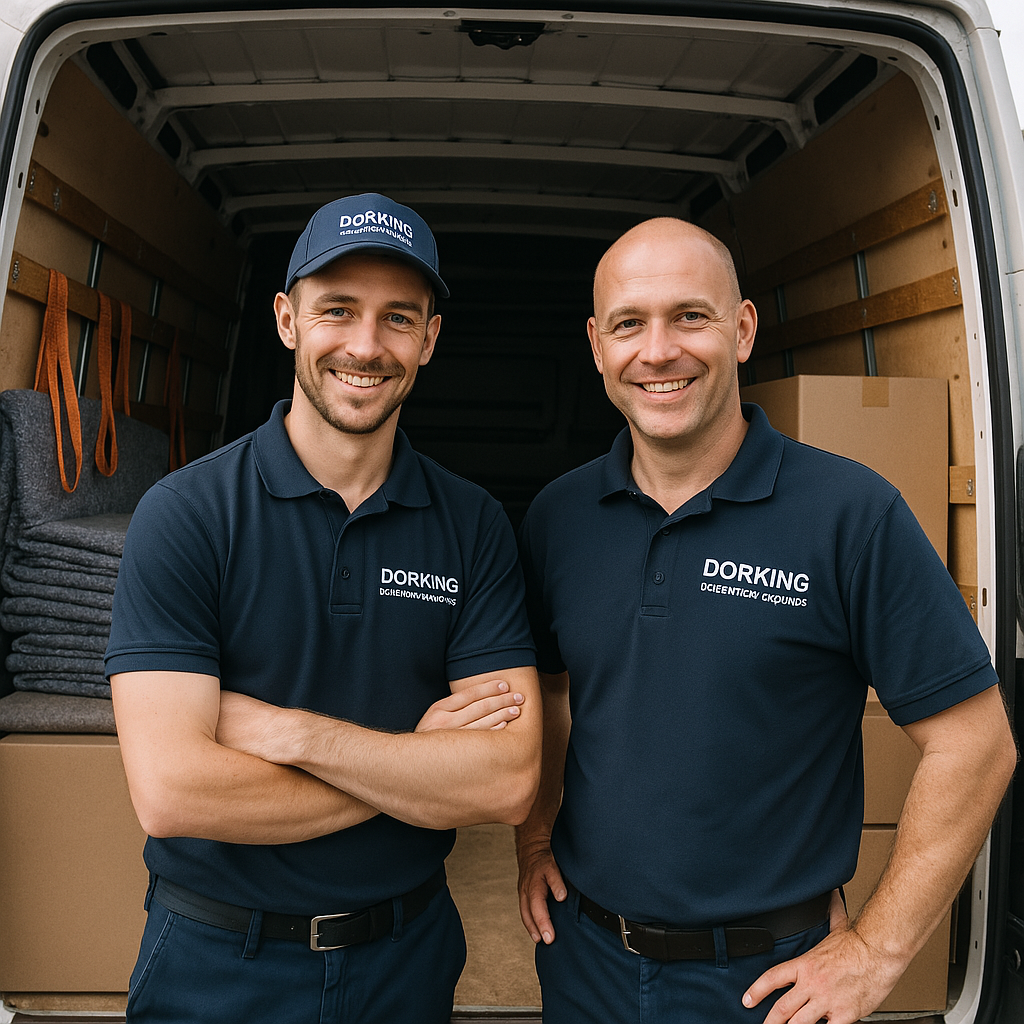 Image of two smiling men facing forward and a van which has been partly loaded 