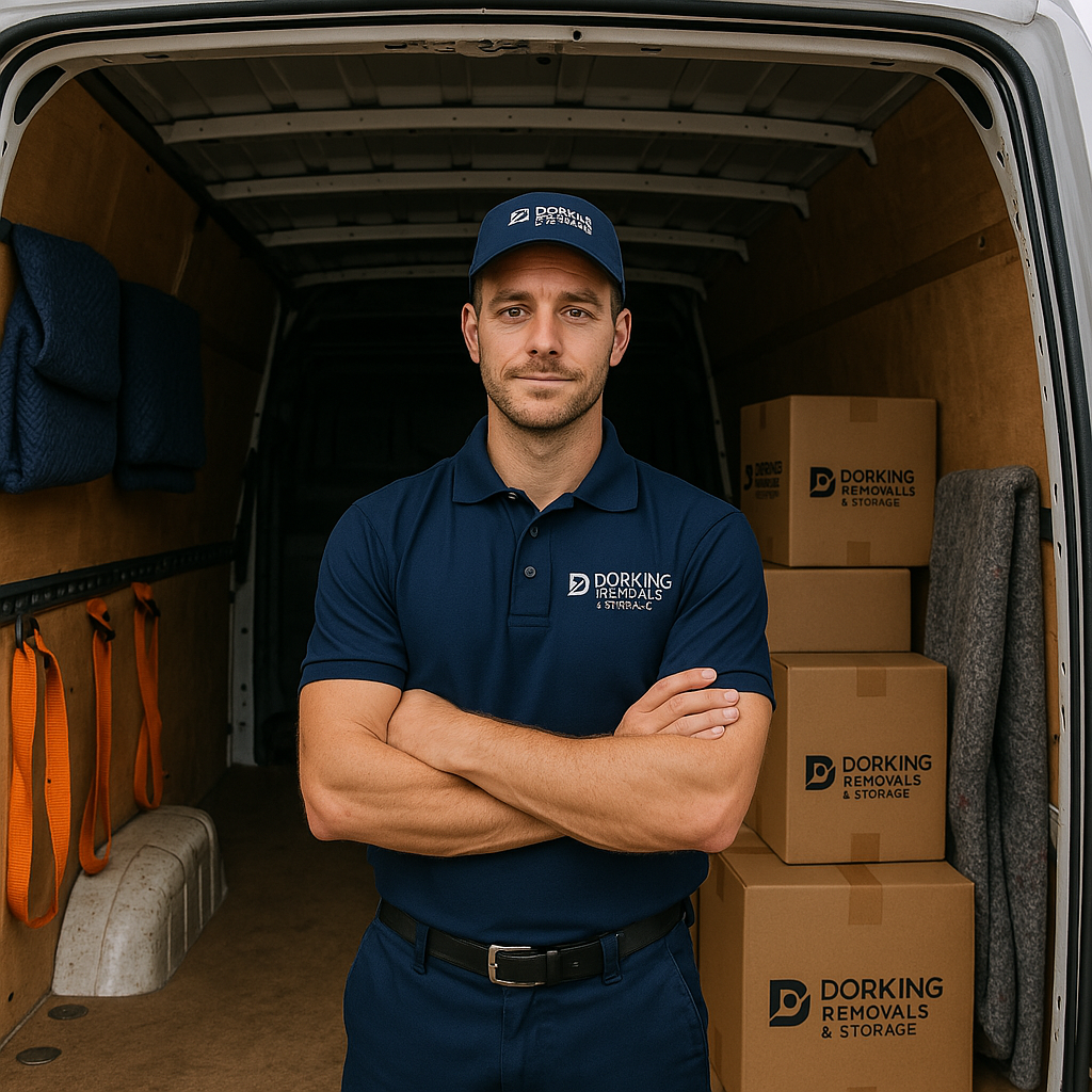 Image of a man & van from Dorking Removals & Storage. The man is looking forward with crossed arms. In the background is an image of a van which is partially loaded