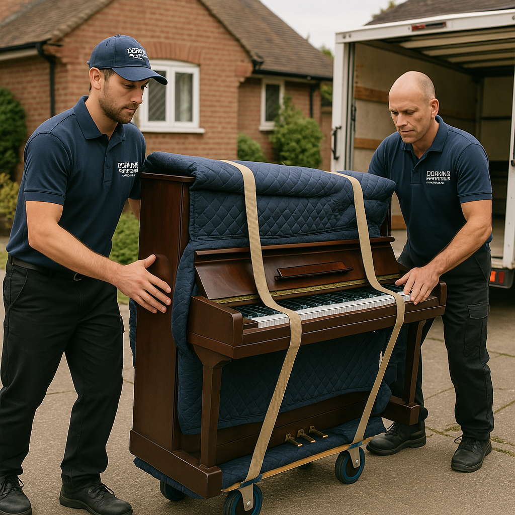 Image of two removal men moving a piano. The piano is on a dolly (Piano truck)