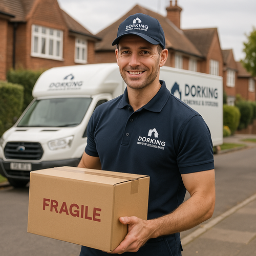 Image of a Dorking Removals crew member in uniform holding a box labelled 