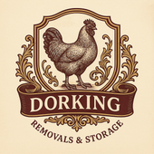 An image of Dorking Removals Logo which is a crest design with the Dorking Hen in the centre