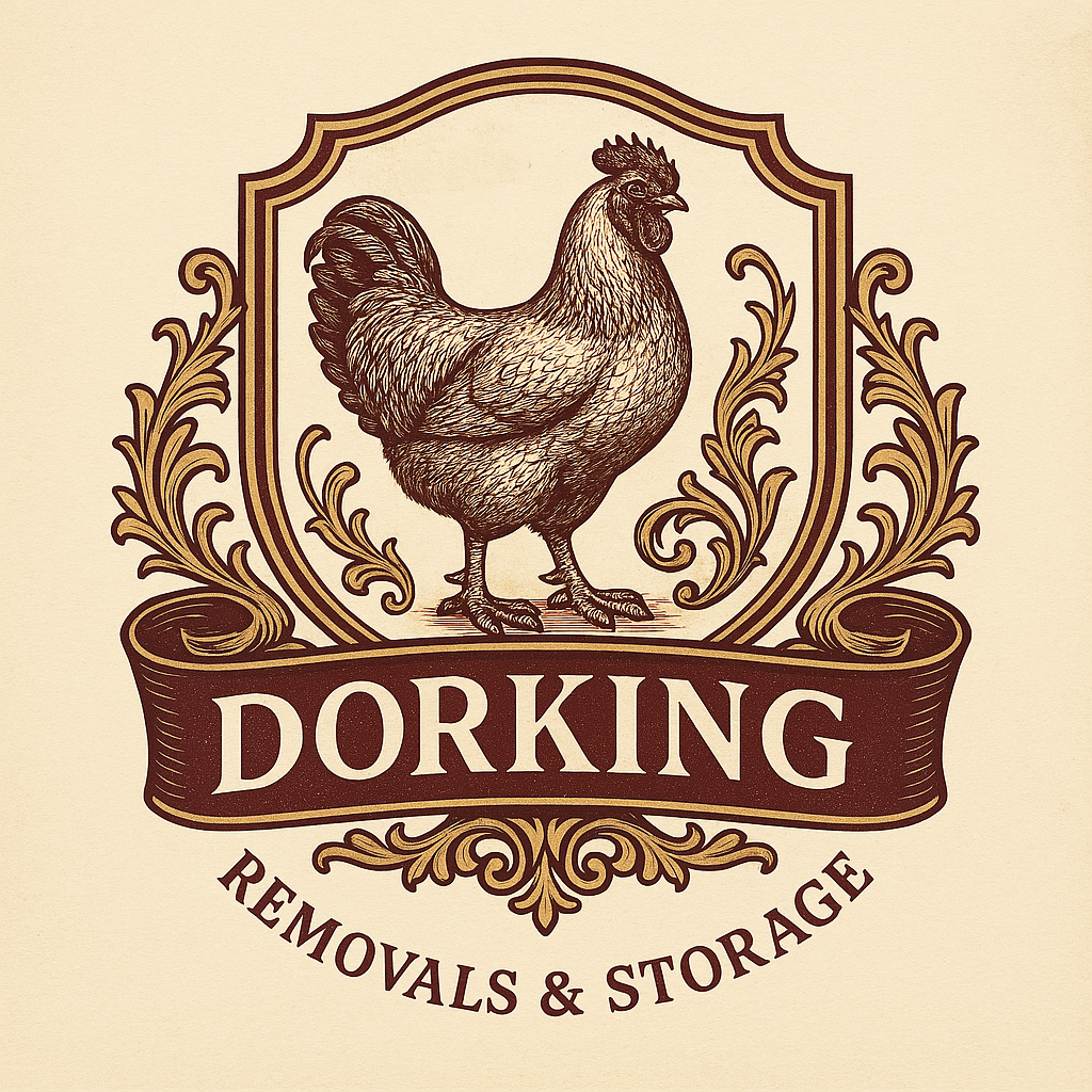 An image of Dorking Removals Logo which is a crest design with the Dorking Hen in the centre