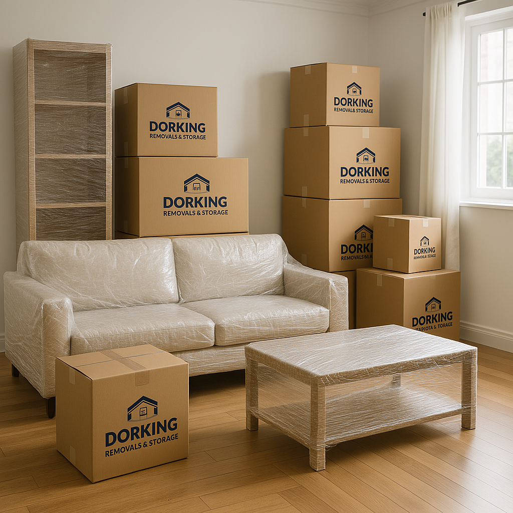 Photo of stacked removal boxes and wrapped furniture ready for a move. 