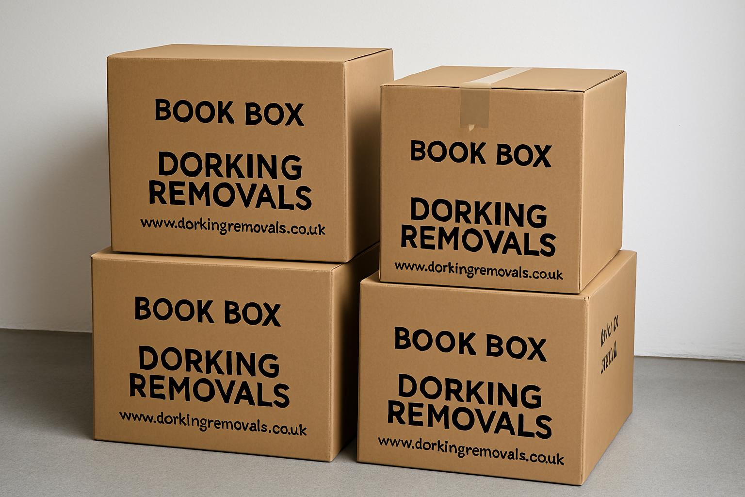 An image of four book boxes with Dorking Removals printed on them
