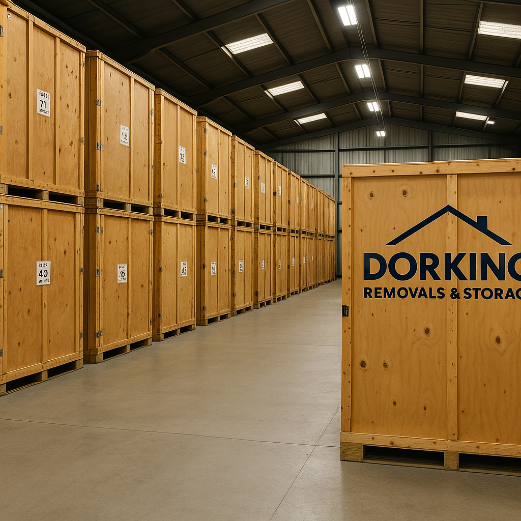 Image of a warehouse filled with Wooden 250 cubic feet Storage Containers. One container has Dorking Removals & Storage written on it