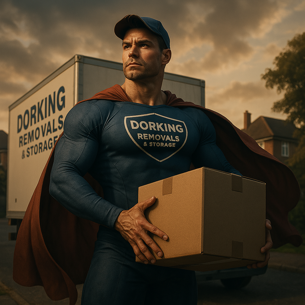 An image of a member of Dorking Removals' staff in a Super Hero uniform holding a box