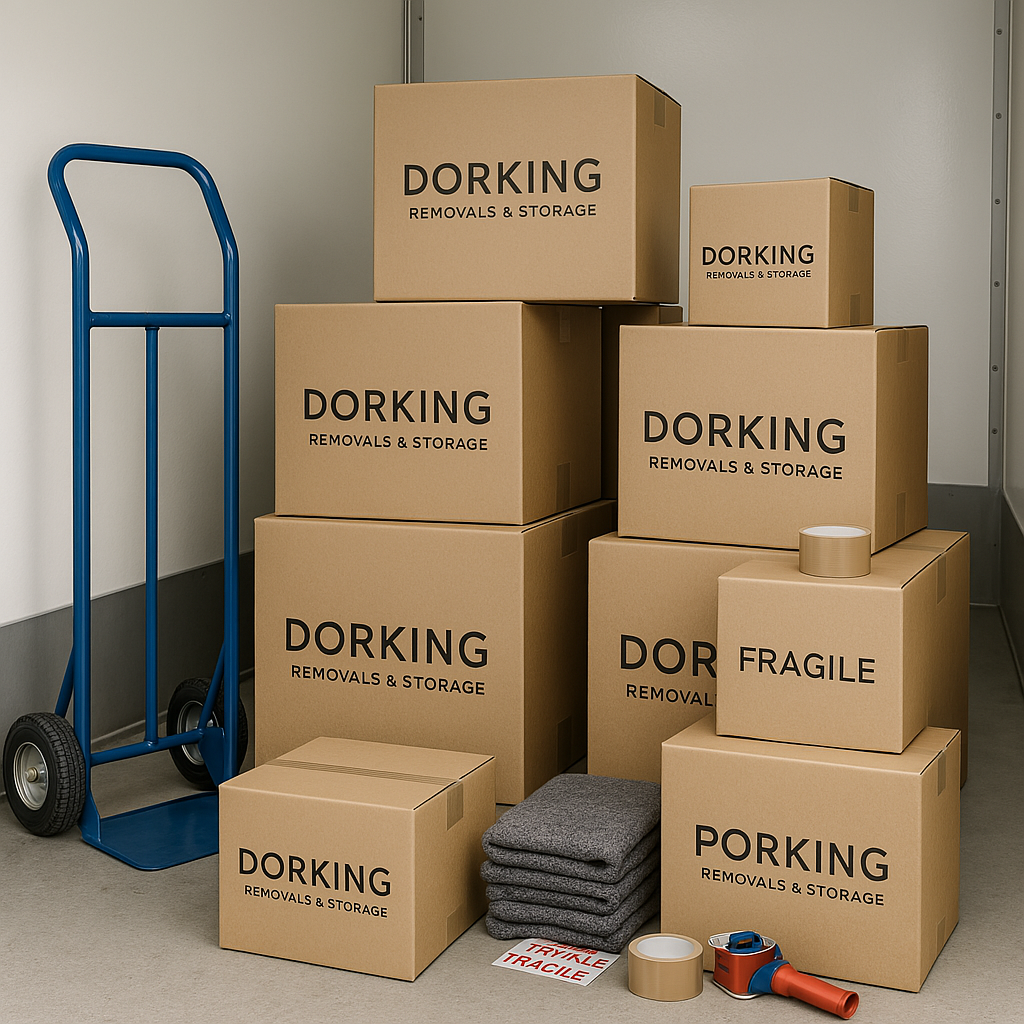 An image of packed boxes, a sack barrow and packing materials ready for a removal. The boxes have Dorking Removals & Storage written on them