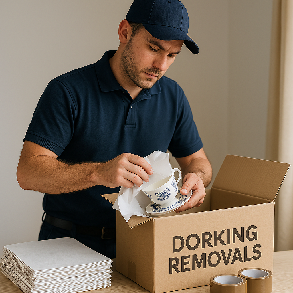 Image of a member of Dorking Removals Staff wrapping china using packing paper and placing into a box