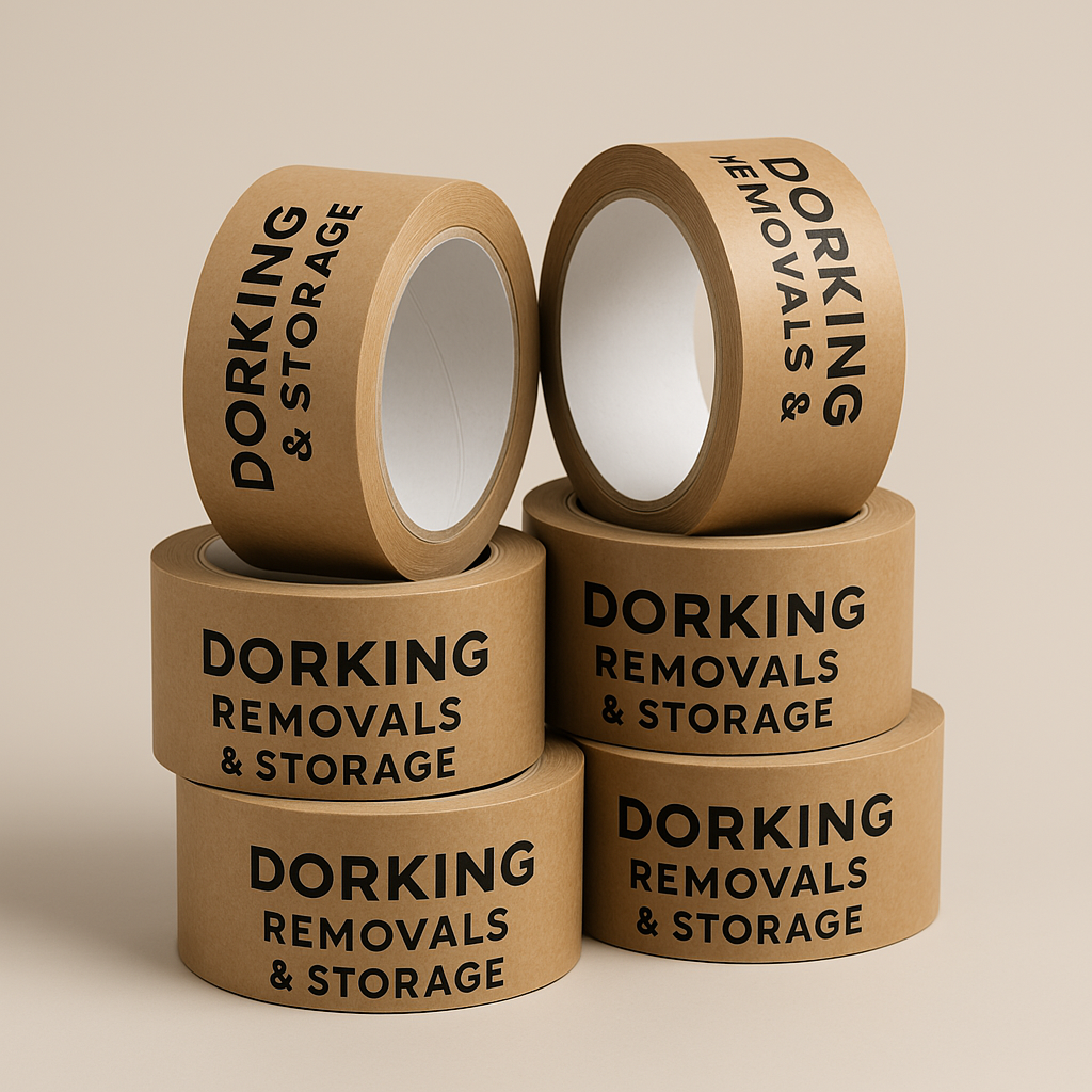 Image of 6 rolls of parcel tape. Each tape has Dorking Removals & Storage written on them