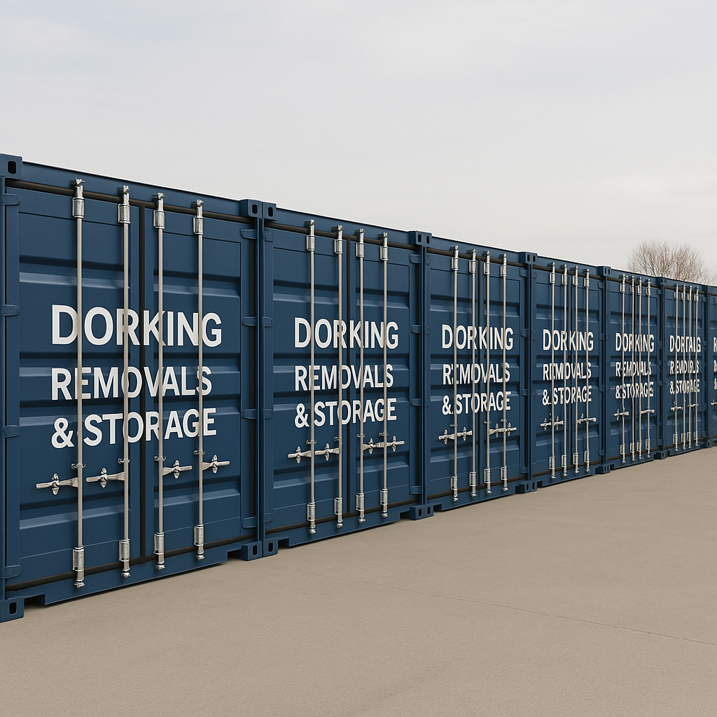 A realistic, professional image of a long row of single-height 20ft blue shipping containers for 'Dorking Removals & Storage'. The containers should be aligned side by side in a clean, well-lit outdoor storage yard, with all doors facing outward toward the viewer. Each container should have corrugated steel sides, corner castings, and closed double doors. The branding 'Dorking Removals & Storage' should be clearly visible on each container in white lettering. The scene should convey organization, reliability, and professionalism.