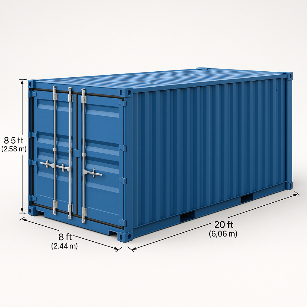 A realistic image of a single 20ft blue shipping container. The container shown in a clean, well-lit environment with accurate proportions and visible measurements. Included standard dimensions: 20 feet (6.06 meters) in length, 8 feet (2.44 meters) in width, and 8.5 feet (2.59 meters) in height. The container has corrugated steel sides, corner castings, and a pair of closed double doors on one end. The measurements are clearly on the image.