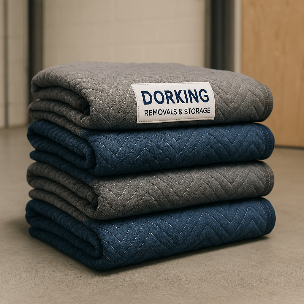 A realistic, professional image of a pile of transit blankets used by 'Dorking Removals & Storage' to protect customers' furniture. The blankets should appear thick, quilted, and durable, in shades of grey and blue. They should be neatly stacked in a clean warehouse or storage environment, with a visible label or tag showing the 'Dorking Removals & Storage' branding. The scene should convey care, protection, and professionalism.