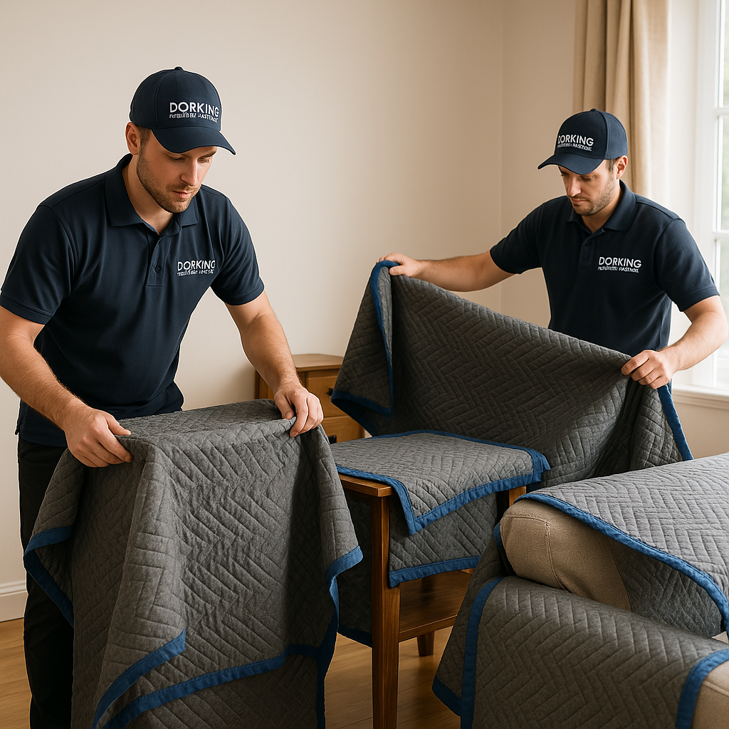 A realistic, professional image showing transit blankets being used by 'Dorking Removals & Storage' to protect customers' furniture. The scene should depict movers carefully wrapping or covering furniture items like sofas, tables, or cabinets with thick, quilted grey and blue transit blankets. The movers should wear branded uniforms with 'Dorking Removals & Storage' logos. The setting should be a customer's home interior, conveying care, professionalism, and attention to detail.