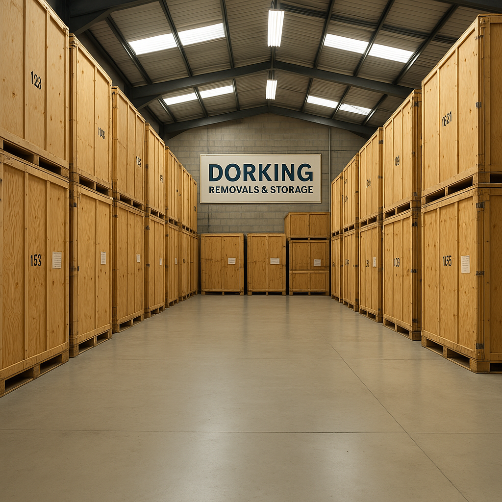 An image of Dorking Removals warehouse filled with wooden storage containers