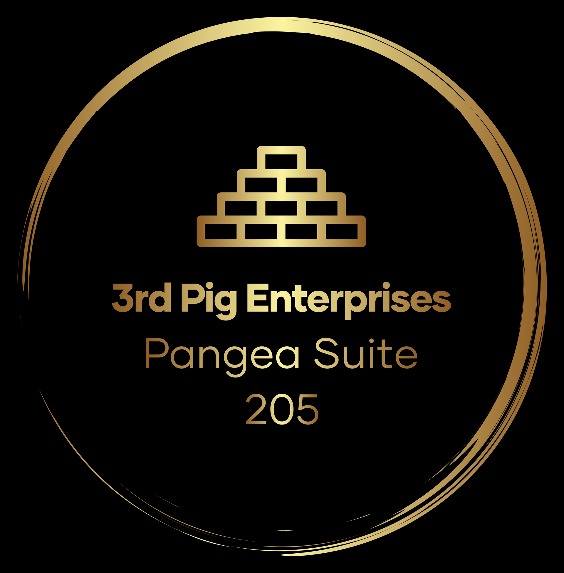 Gold logo for 3rd Pig Enterprises at Pangea Suite 205, featuring a brick-like icon within a gold circle.