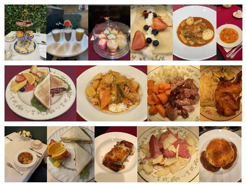 Array of food dishes on plates, including sandwiches, desserts, and entrees.