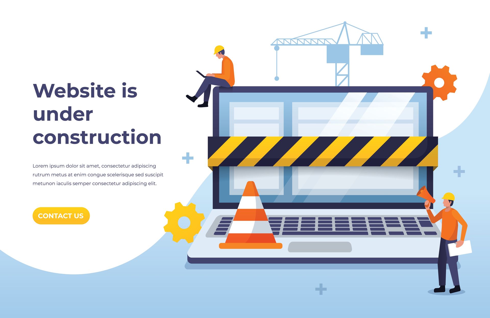 Website under construction with laptop, crane, traffic cones, and workers on a blue background