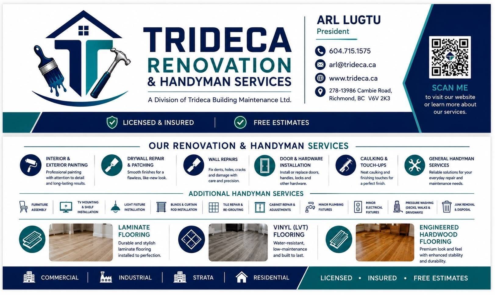 TriDeca Renovation & Handyman Services flyer with logo, service icons, contact details, and blue-white design