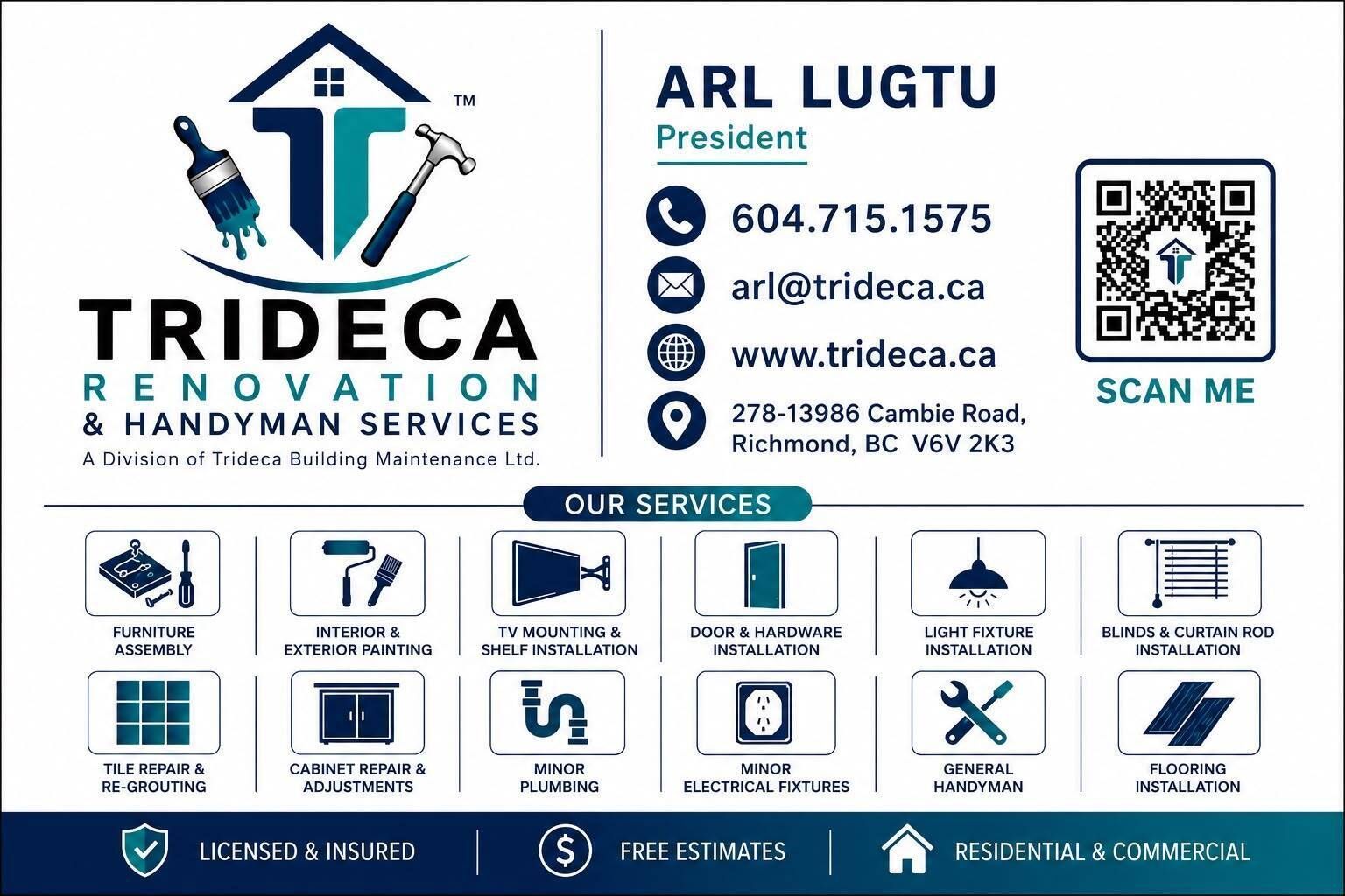 Trideca Renovation & Handyman Services business card with logo, contact info, QR code, and service icons.