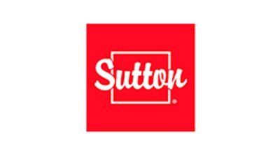 Sutton logo in white script on a red square background