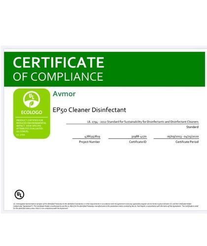 Certificate of compliance for Avmor EPSo Cleaner Disinfectant, green and white layout
