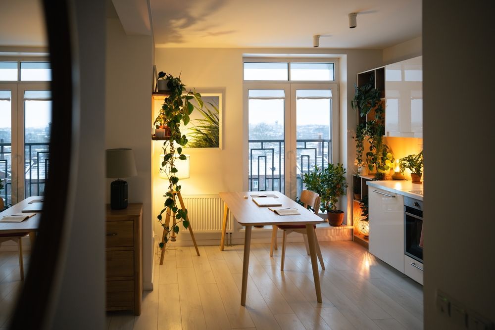 Bright apartment dining area with a wooden table, plants, warm lighting, and a balcony view