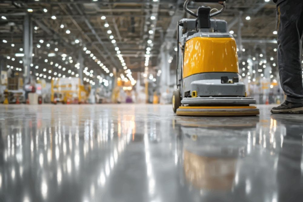 Yellow floor-cleaning machine in a bright warehouse, reflected on polished concrete floor