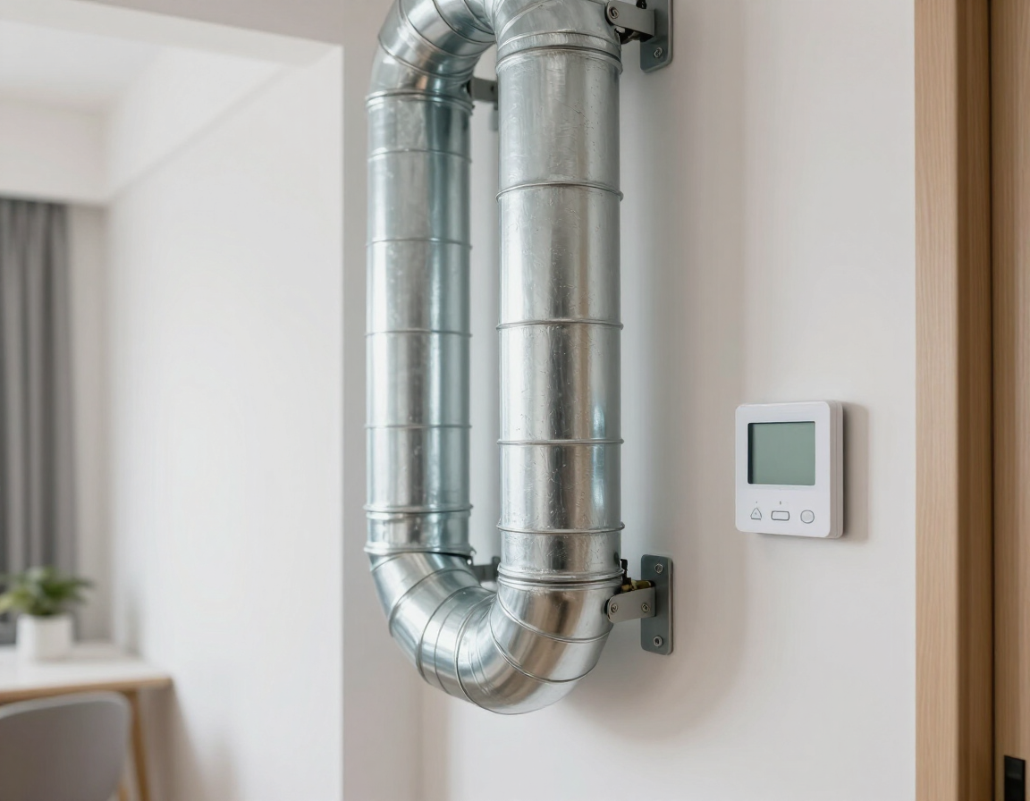 Silver ducting on a wall beside a small digital thermostat in a bright room
