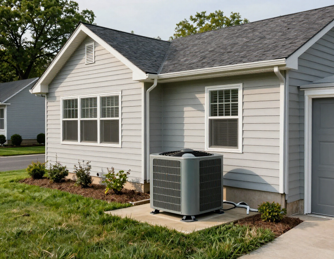 Single-story house with gray siding and a central air conditioner on a small concrete pad outside.