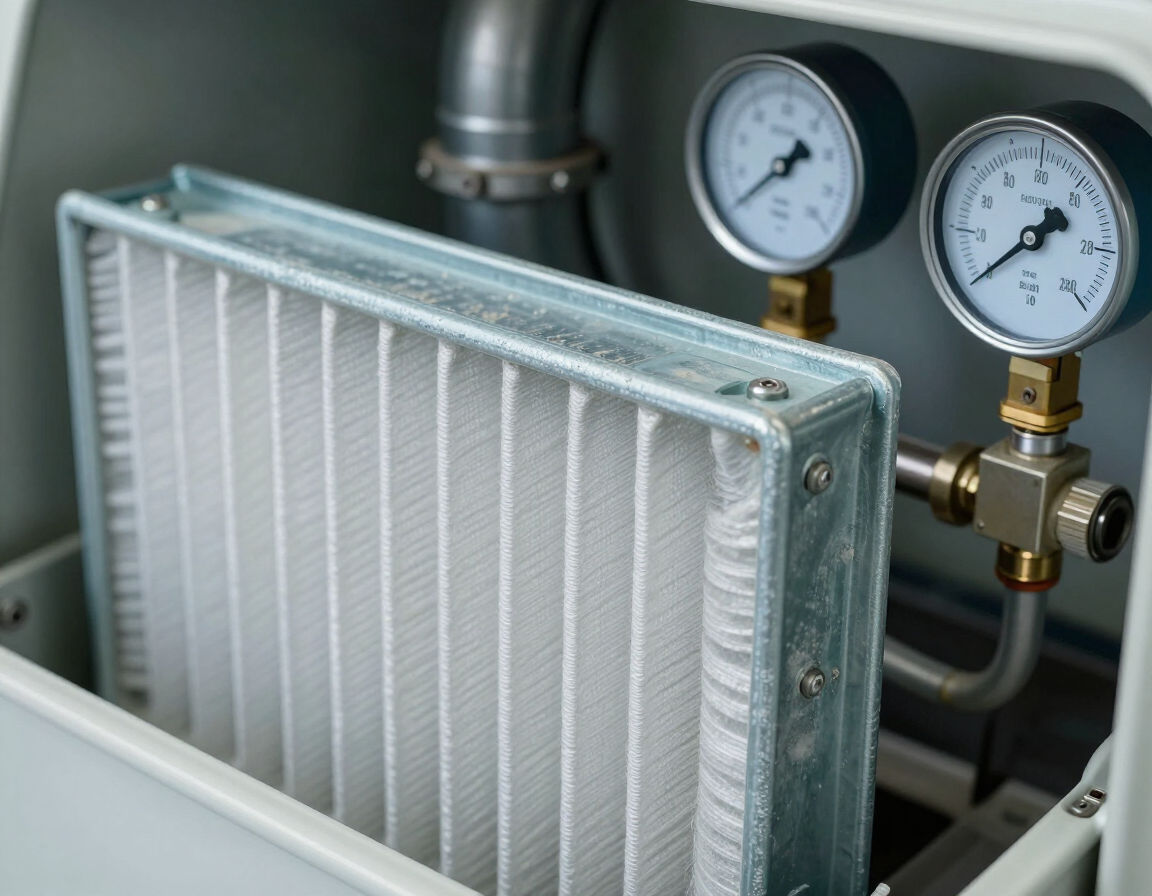 Metal HVAC filter with two pressure gauges in industrial equipment box