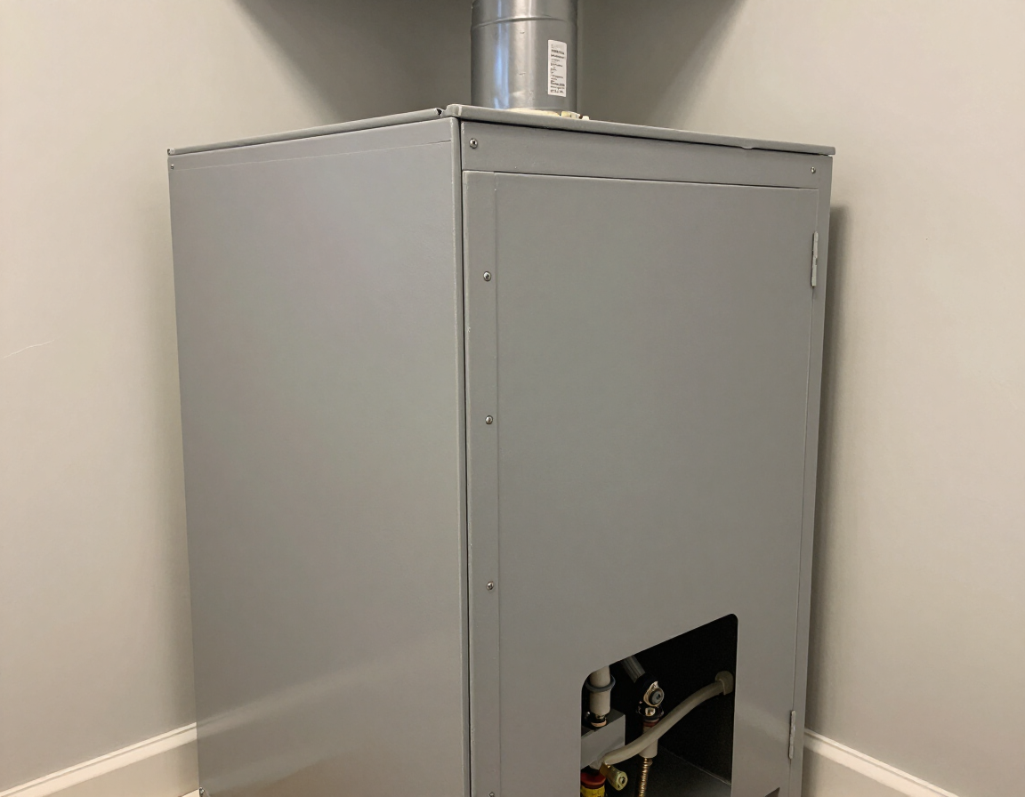 Gray metal appliance cabinet in a corner, with an open access panel revealing pipes at the bottom.