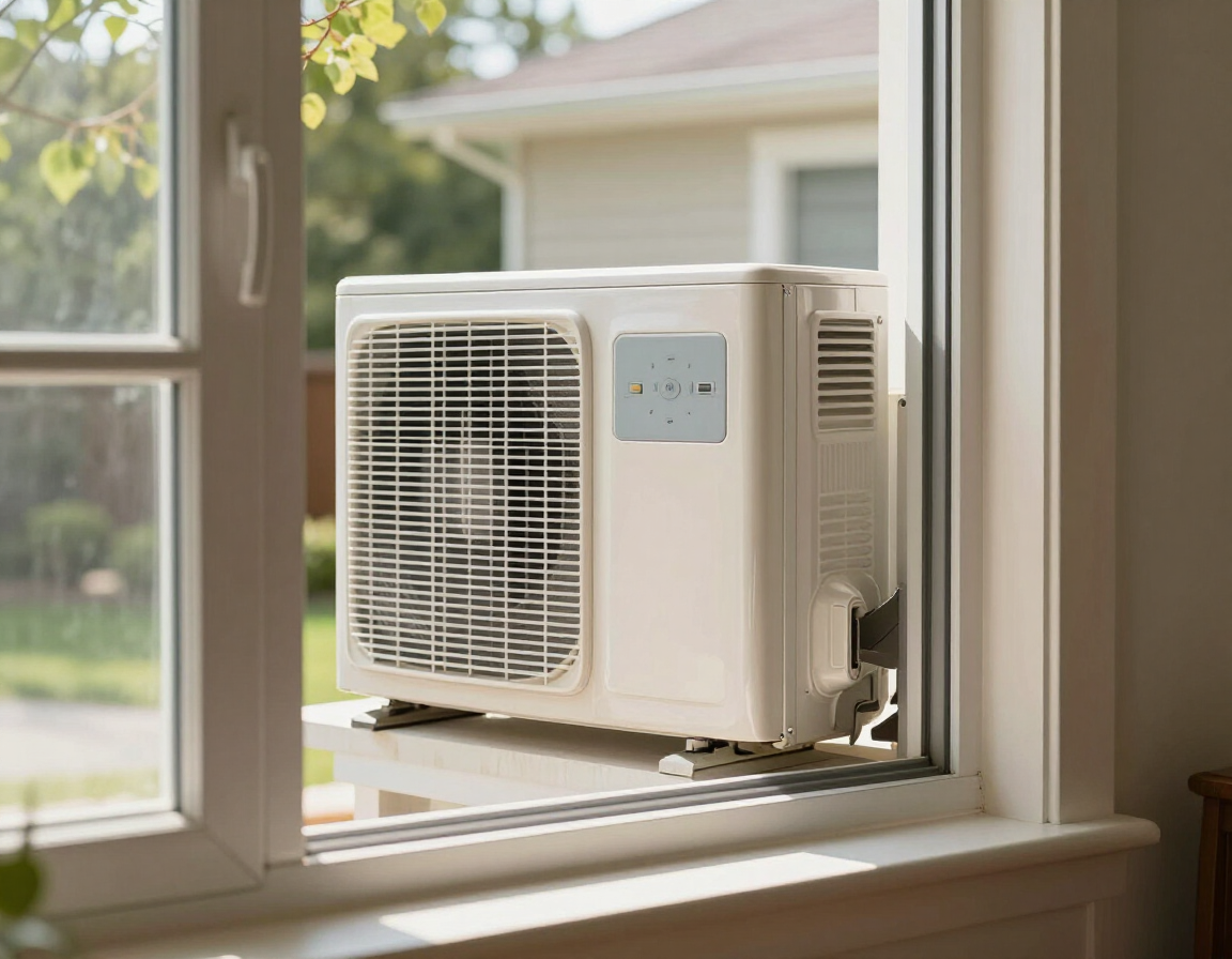Window-mounted air conditioner beside an open window in a bright room