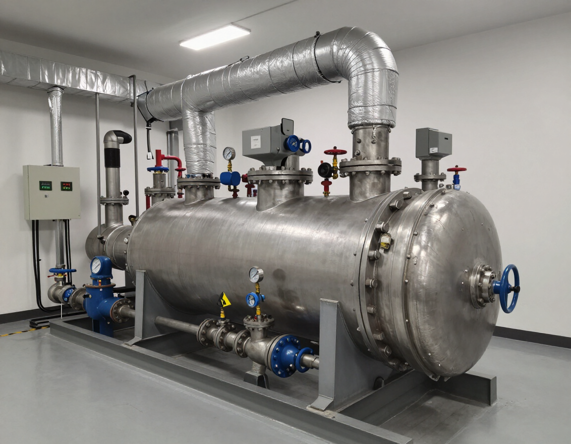 Industrial stainless steel pressure vessel with pipes, valves, and gauges in a clean mechanical room