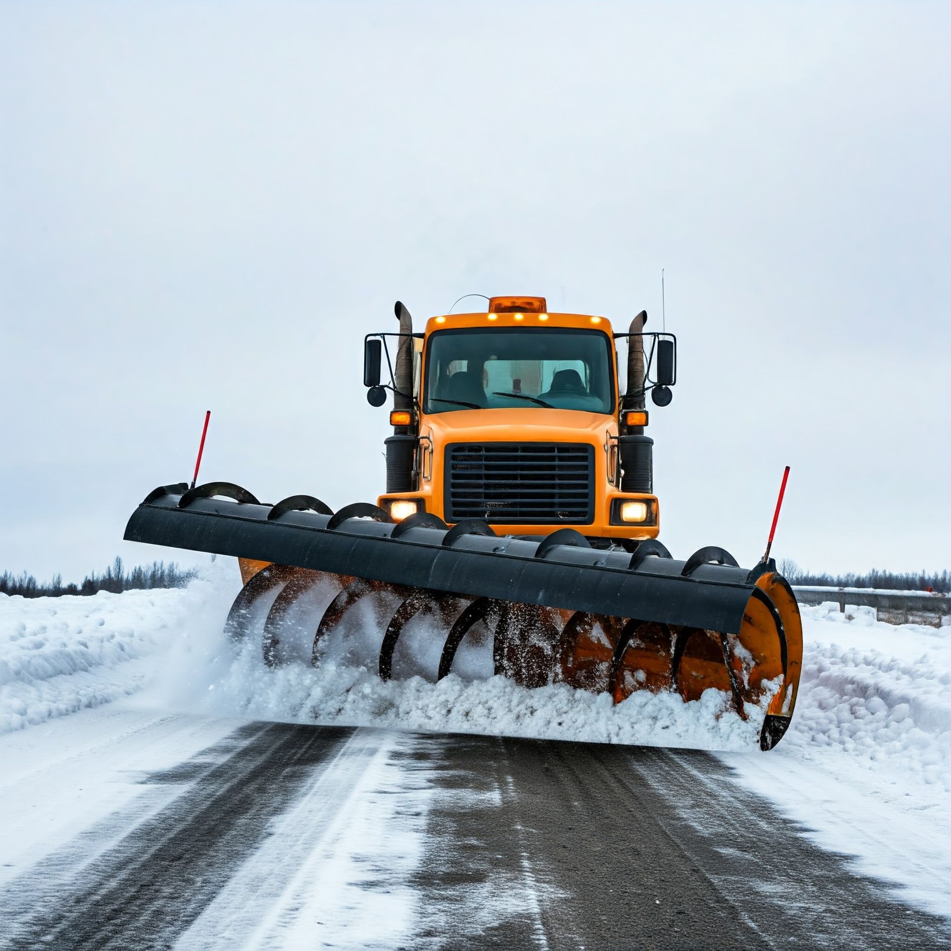 A yellow snow plow is clearing snow from the road.