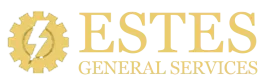 Logo for Estes General Services.  Gold gear and lightning bolt icon, 