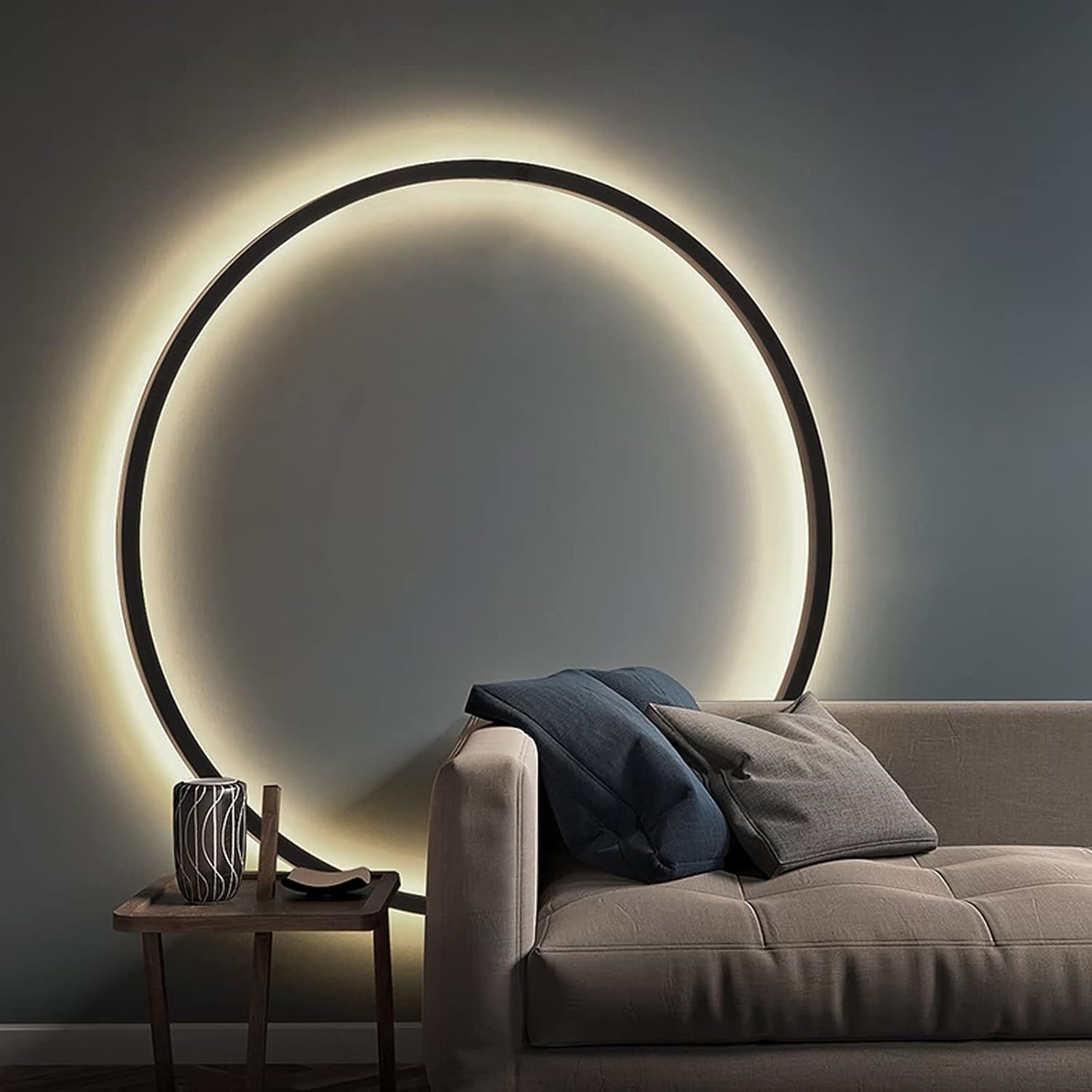 Wall Lights Indoor LED Ring Sconce Modern Aluminum Wall Lamp with USB Plug Large Ring Bedground Lights Bedside Light 3 Color Temperature & 10 Brightness Level, for Living Room Bedroom, 80cm
