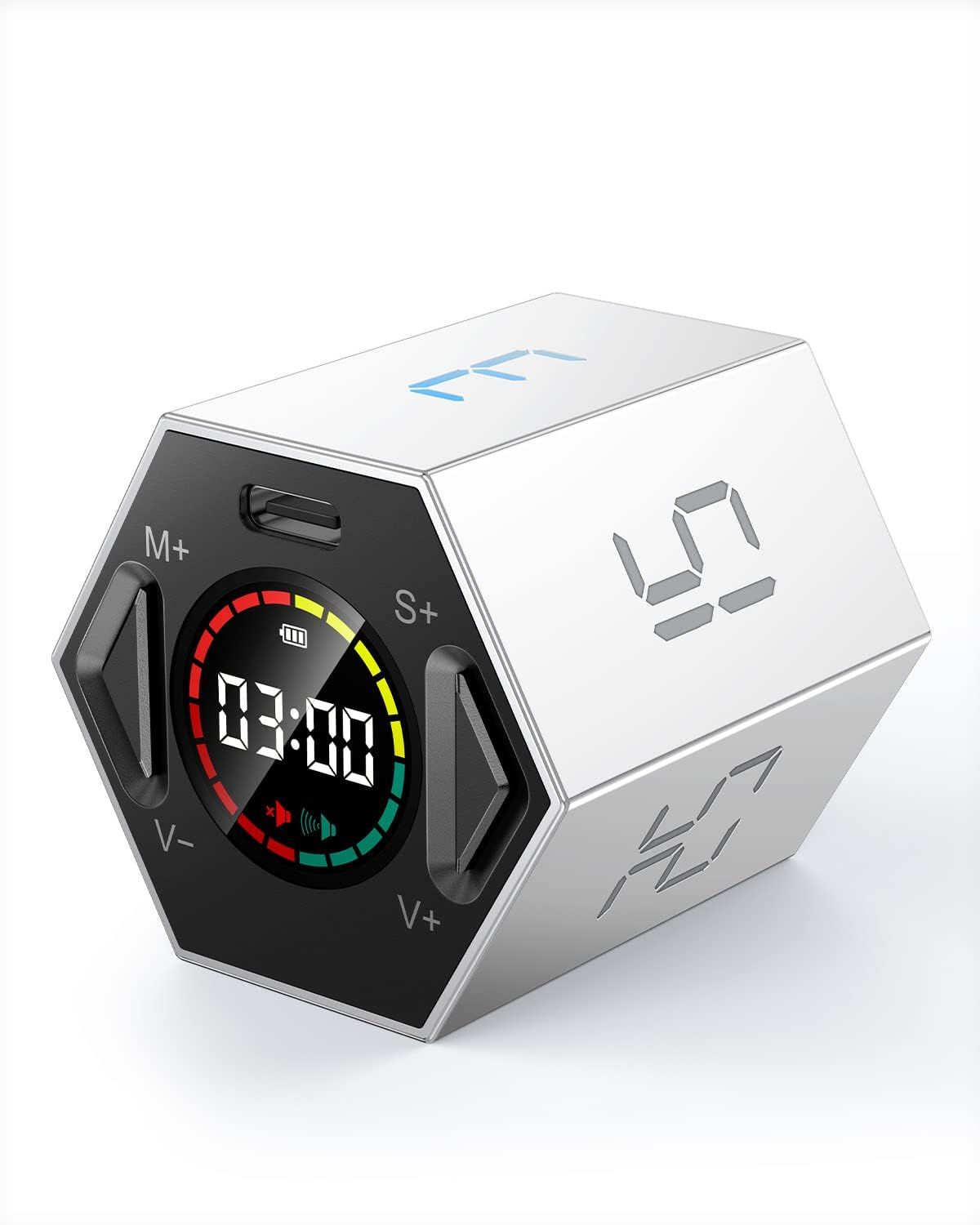 Ticktime Pomodoro Timer, Productivity Timer Cube, Magnetic Flip Hexagon Timer, Mute & Adjustable Sound Alert, for Work, Office, ADHD, Study, Task, 3/5/10/15/25/30min & Custom Countdown - Gray