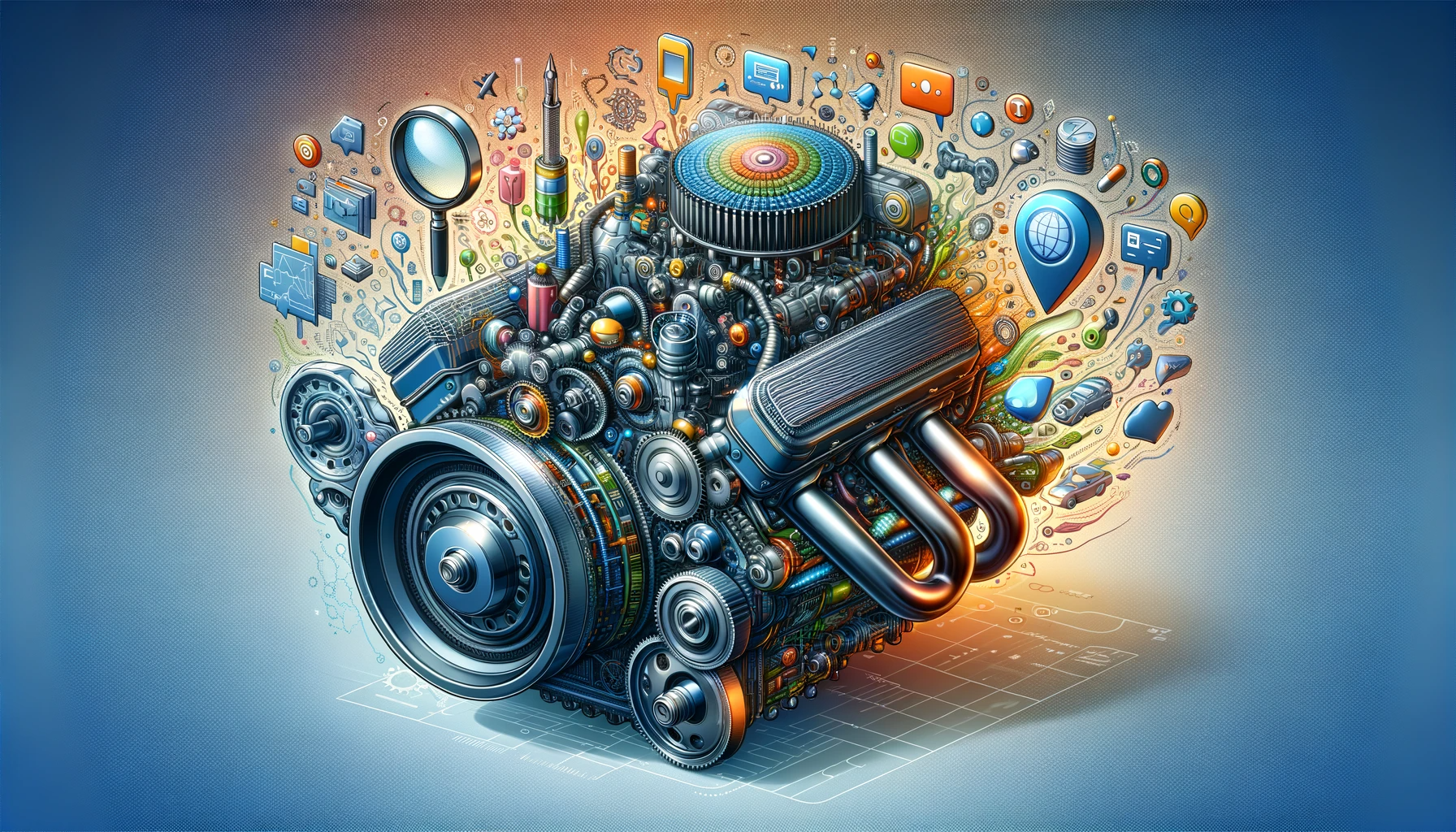An engine labeled with imagery for SEO ranking factors.