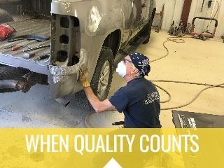Auto body worker sanding a silver vehicle in a shop, with “WHEN QUALITY COUNTS” text at the bottom.