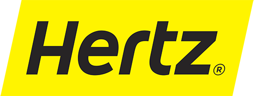 Hertz logo in black italic text on a bright yellow background