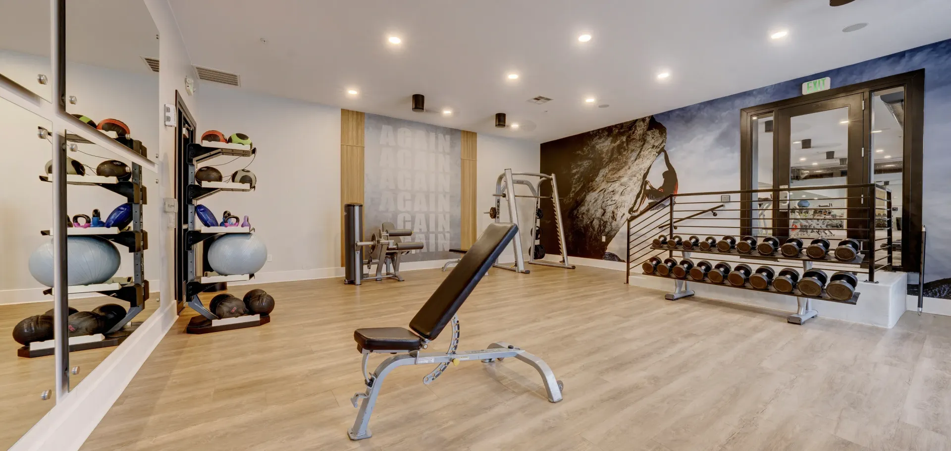 Modern gym with free weights, benches, exercise balls, and mirrored walls.