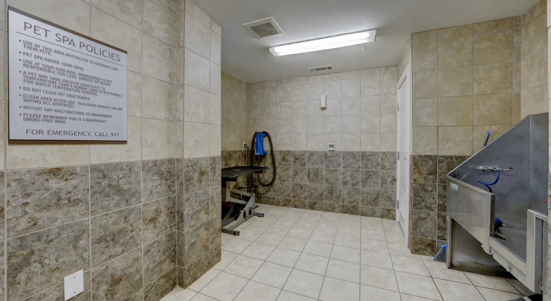 Pet spa with grooming table and stainless steel tub.