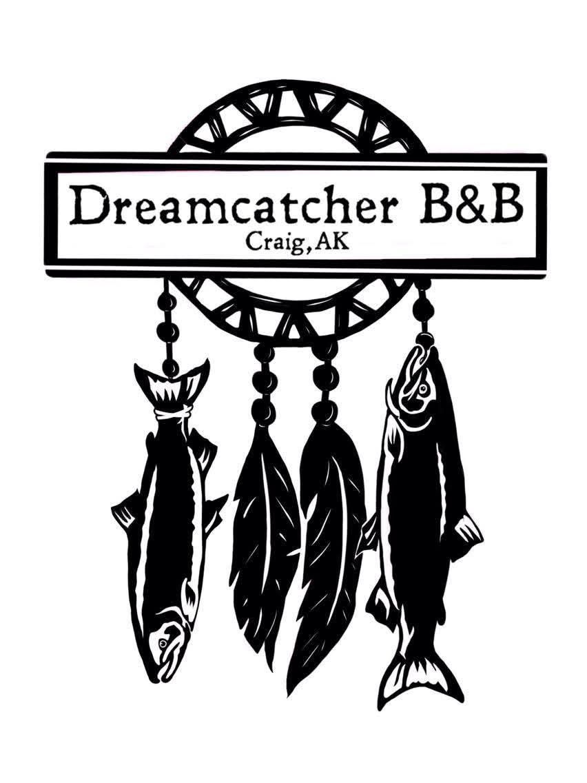Dreamcatcher B&B logo with dreamcatcher, feathers, and fish; Craig, AK text