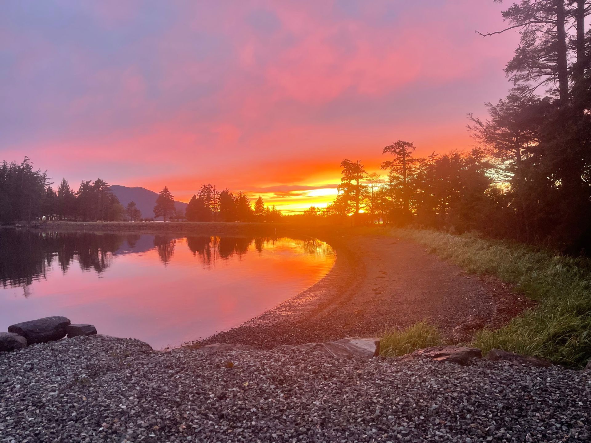 Sunset over a calm lake with pink sky, silhouetted trees, and a rocky shoreline