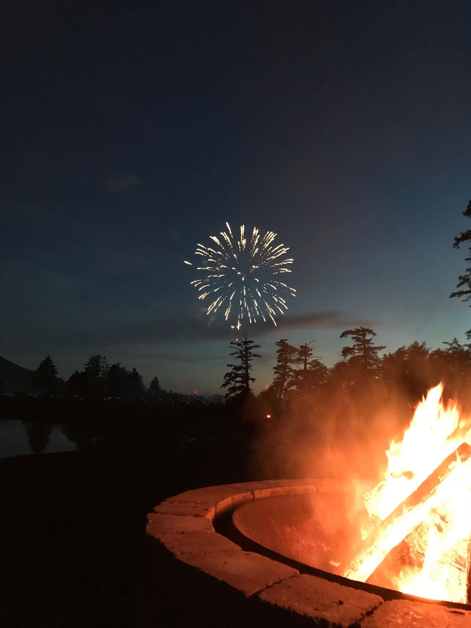 Campfire in a stone ring at dusk, with fireworks bursting over silhouetted trees in the background.