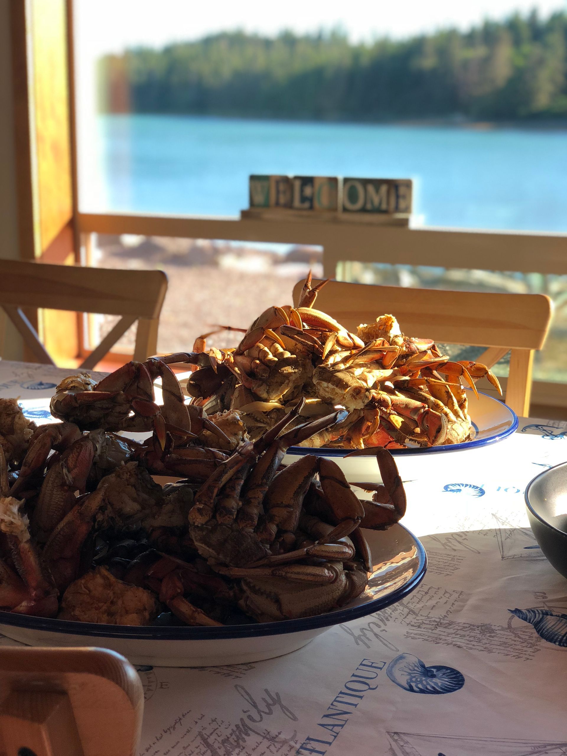 Two plates of cooked crab on a table by a lakeside window with a wooden welcome sign.